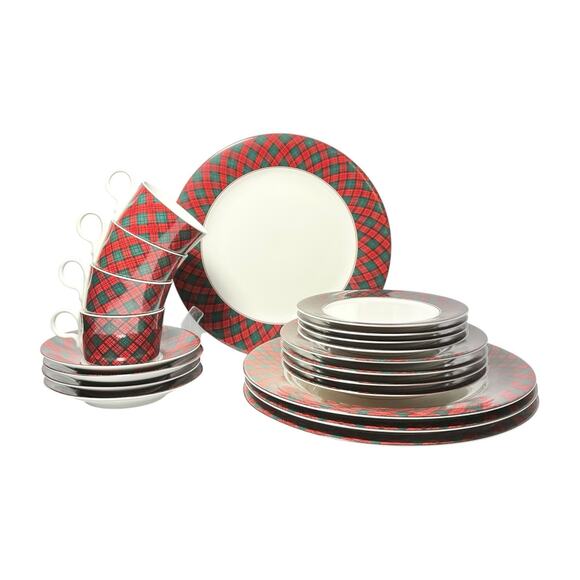 Sasaki & Charles Roberts “Tartan Plaid Red” 20-Piece Dinner Set, Service for 4 - Picture 1 of 5